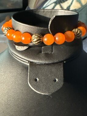 Adjustable Bangle Bracelet | Carnelian Look Glass Beads | Gold Tone Boho Style